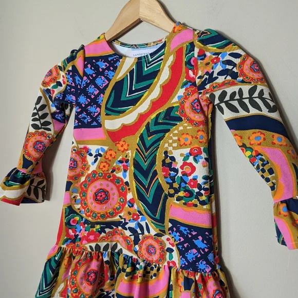 Lands' End Girls Multi Color All Over Paisley Print Ruffle Sleeve Dress size 4t - Picture 2 of 6